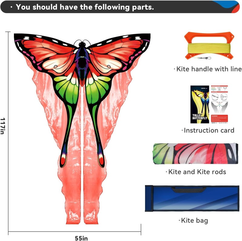 SGftre Red Tulle Butterfly Kite for Kids & Adults ，Easy to Fly Outdoor Fun Sports Beach Kids Children Outdoor Toys Kites (Tulle Butterfly-red) - Image 4